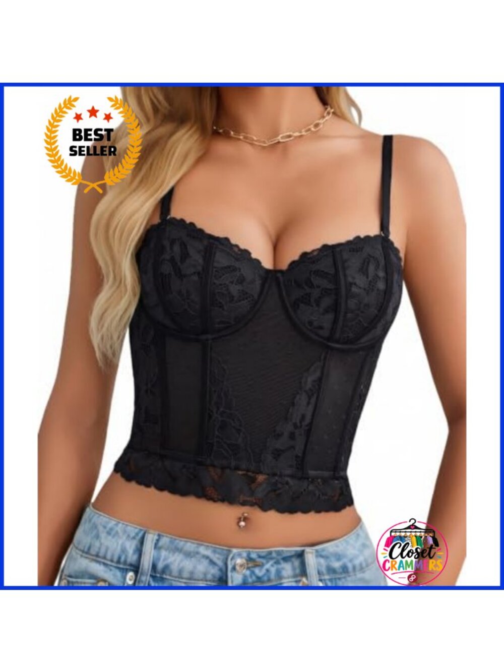 Lace Corset Crop Top Bustier V-Neck Hook and Eye